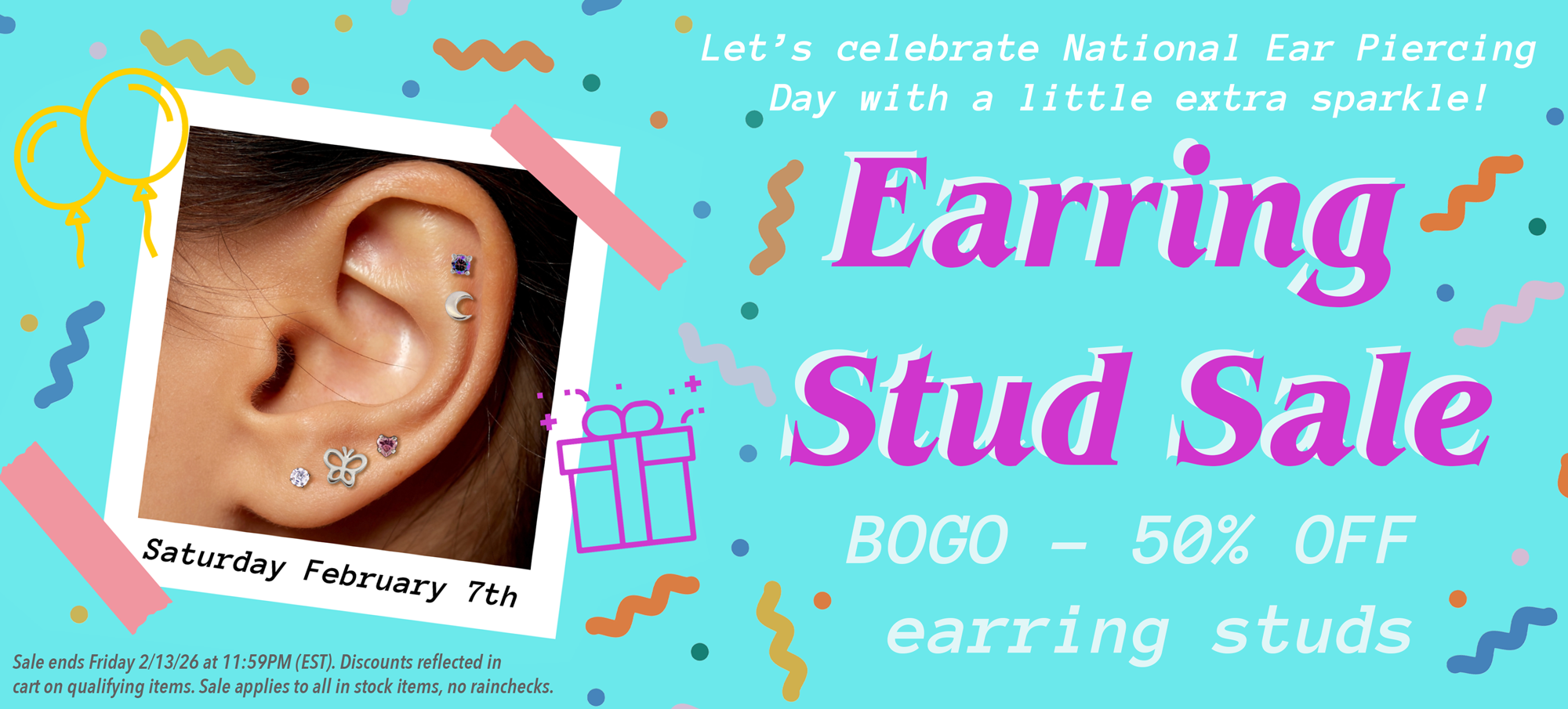 earring stud sale banner with a woman's ear with multiple piercings on a party themed background