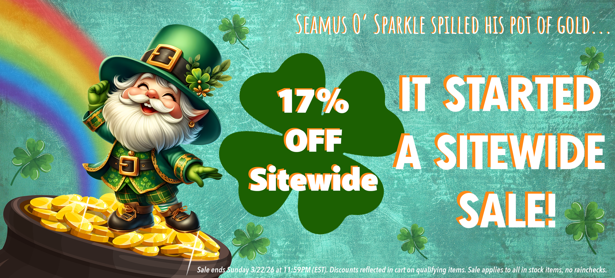 st. patrick's day sale banner with a leprechaun dancing on a pot of gold with a rainbow in the background