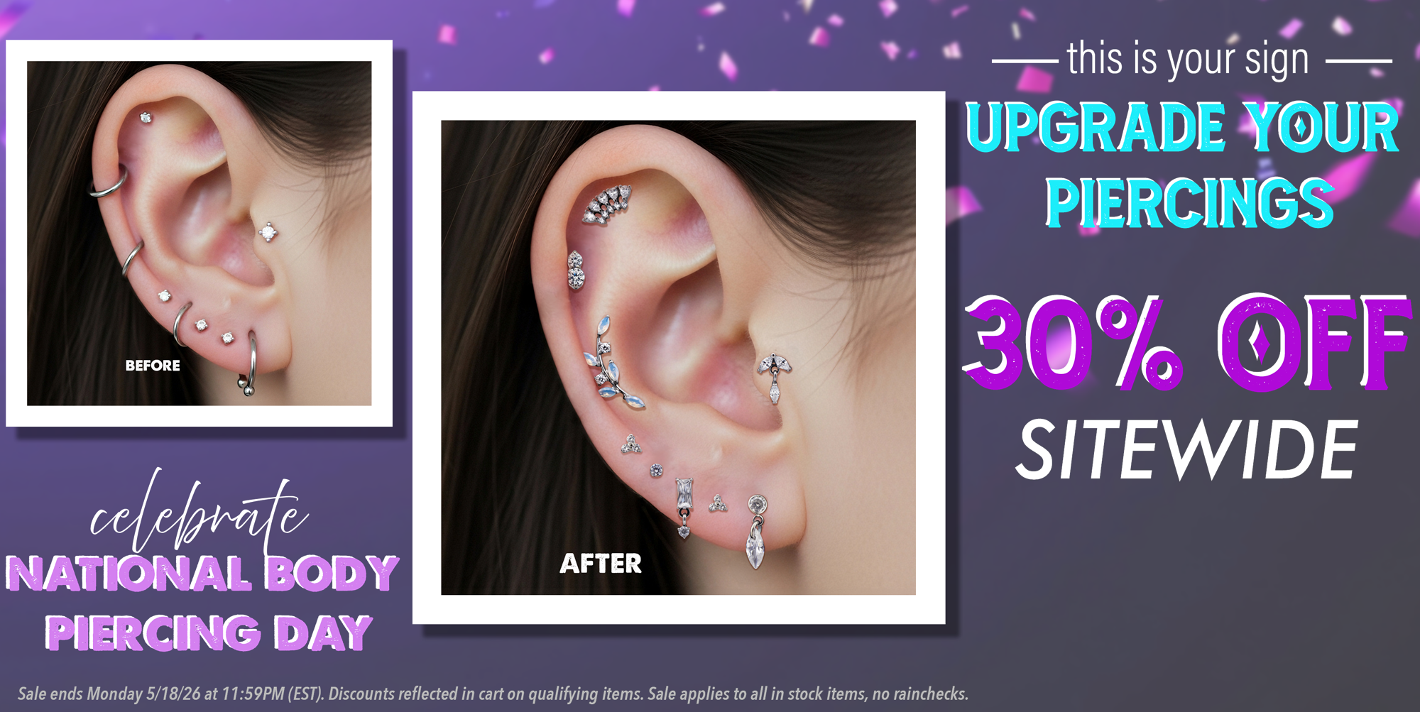a woman's ear before and after a jewelry upgrade, announcing a sitewide sale