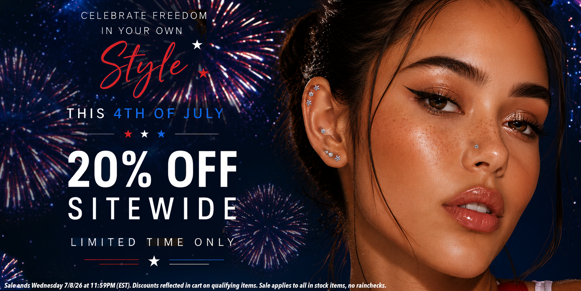 promotional banner of a pierced woman announcing a 10% off 4th of July sale