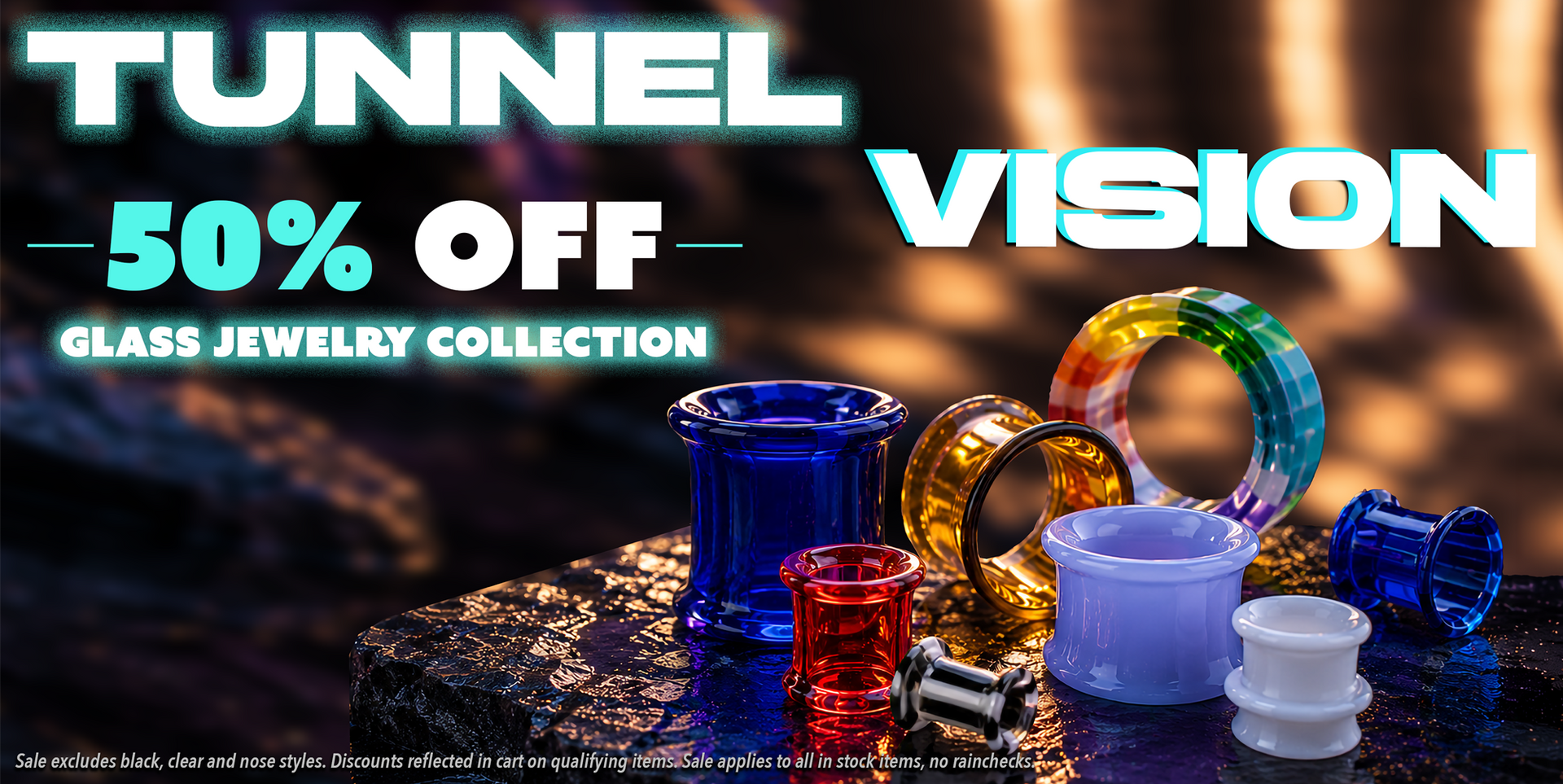 glass tunnel jewelry on an illuminated background announcing there is a glass jewelry sale