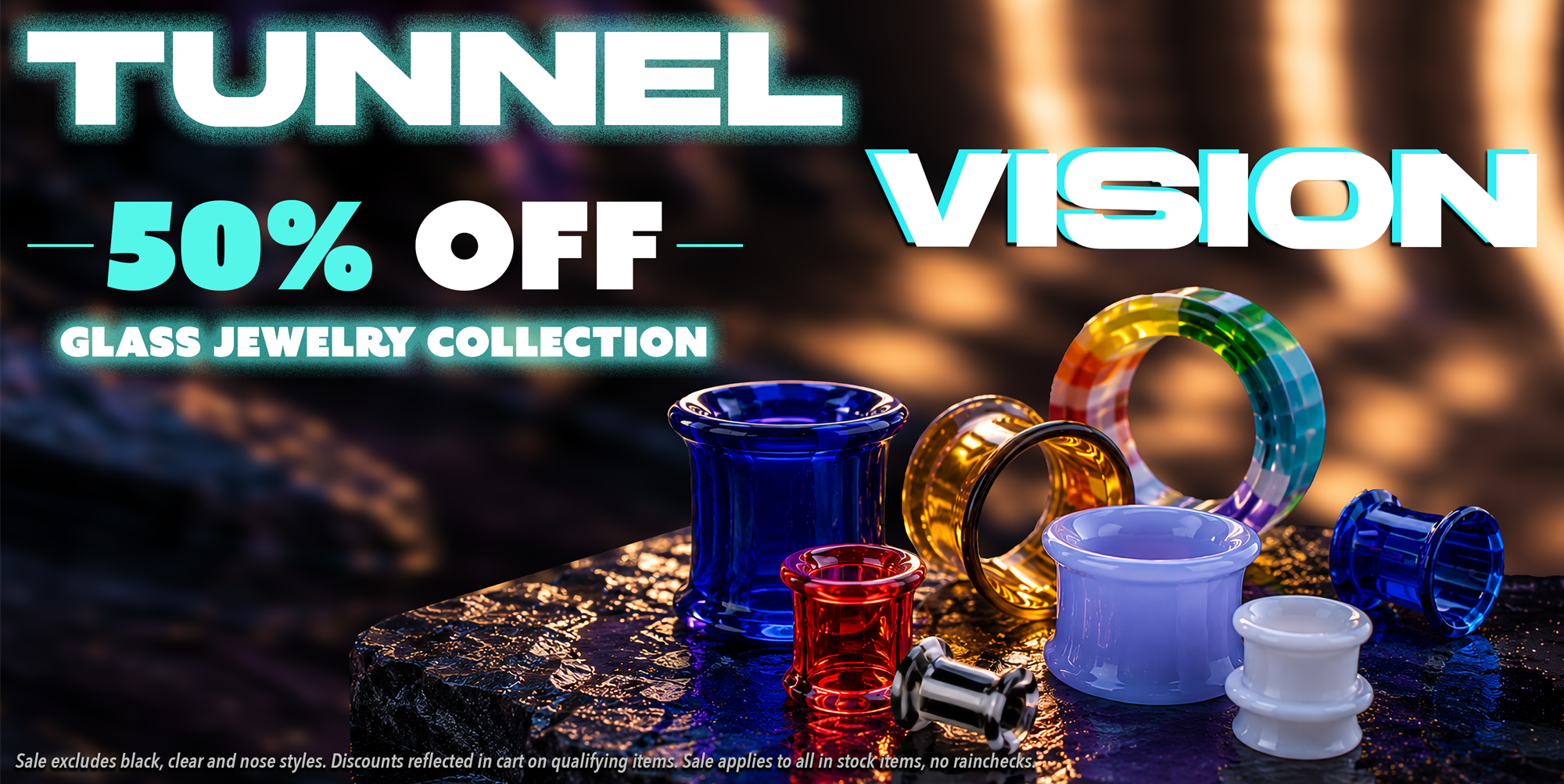 glass tunnel jewelry on an illuminated background announcing there is a glass jewelry sale