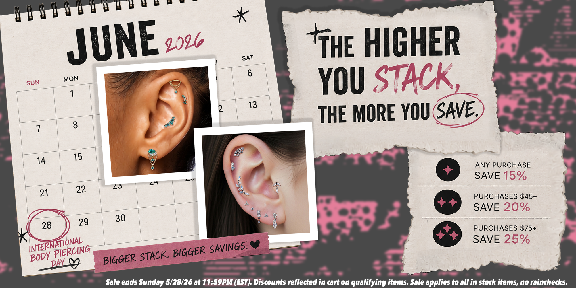 international body piercing day sale- calendar with inspiration ear stacks shown
