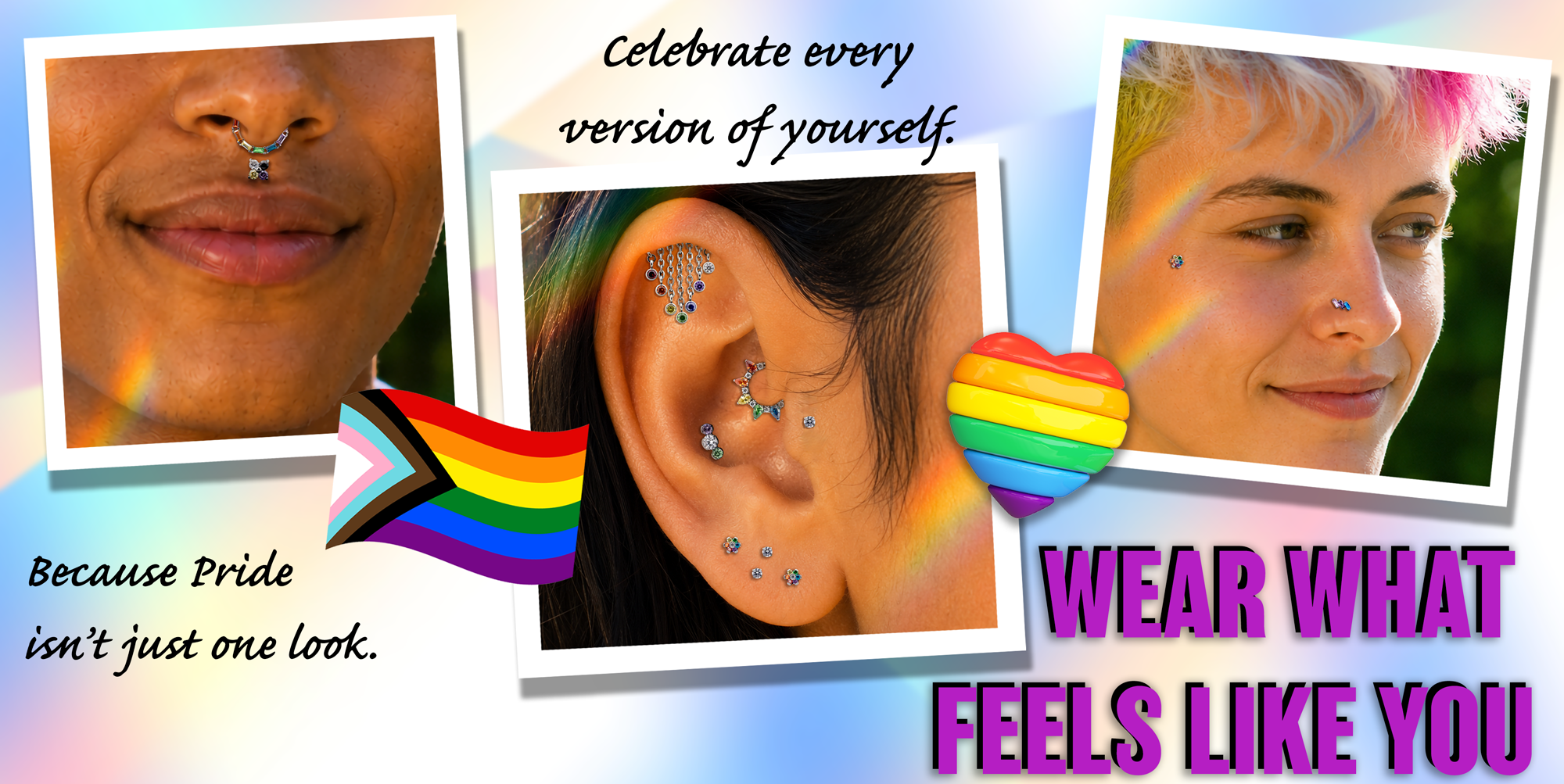 pierced gen z kids with pride themed curations on a banner celebrating pride
