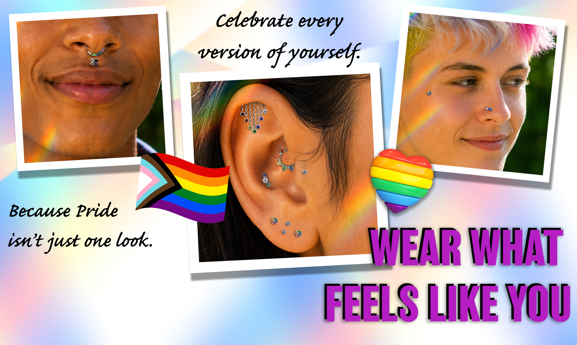3 different Pride themed piercing curations on different models celebrating Pride