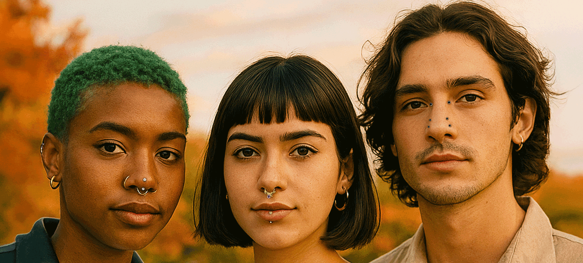 3 friends with facial piercings in an outdoor autumn background