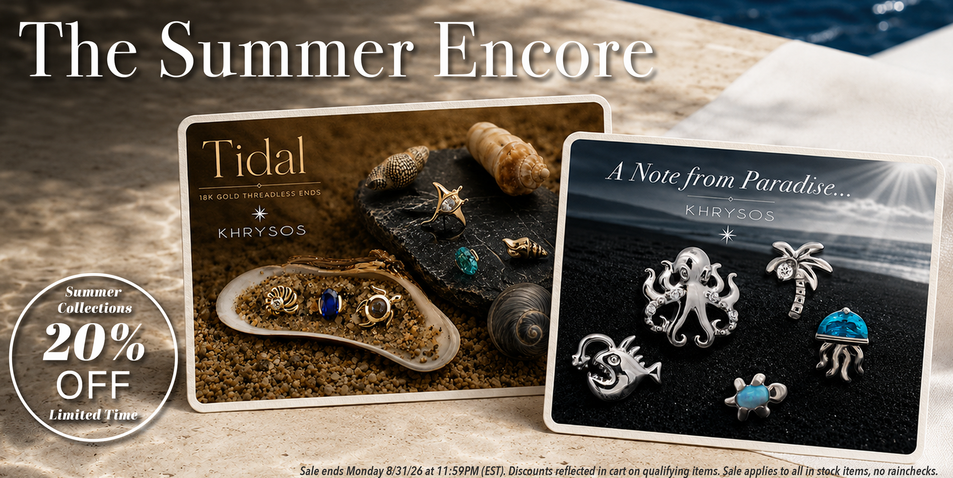 Postcards from collections of the summer encore collection near a pool announcing a sale