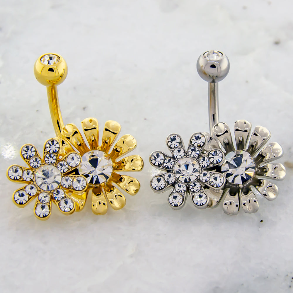 14G Sunflower And Pave Flower Navel Ring - Pierced Addiction