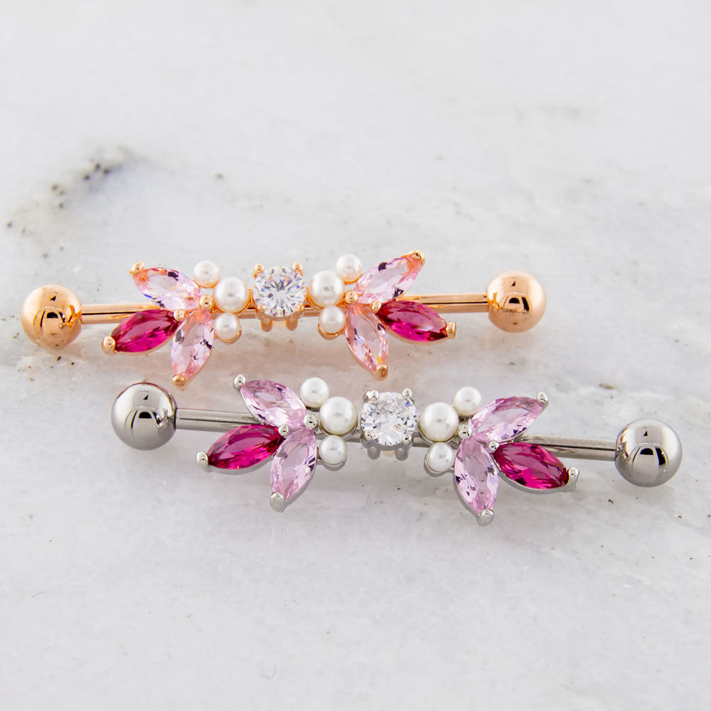 14G Industrial Barbell - Pink Gems and Pearls - Pierced Addiction