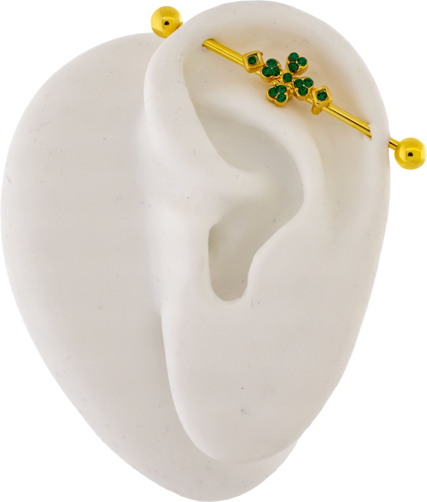 14G Gold Pave Clover Industrial Barbell - Pierced Addiction