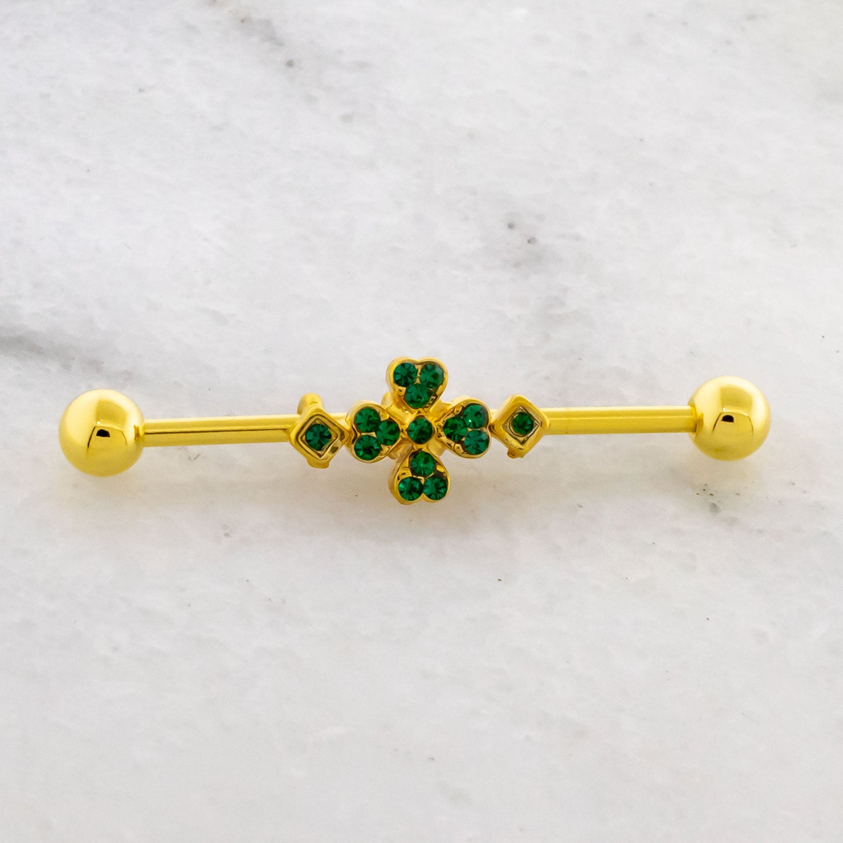 14G Gold Pave Clover Industrial Barbell - Pierced Addiction