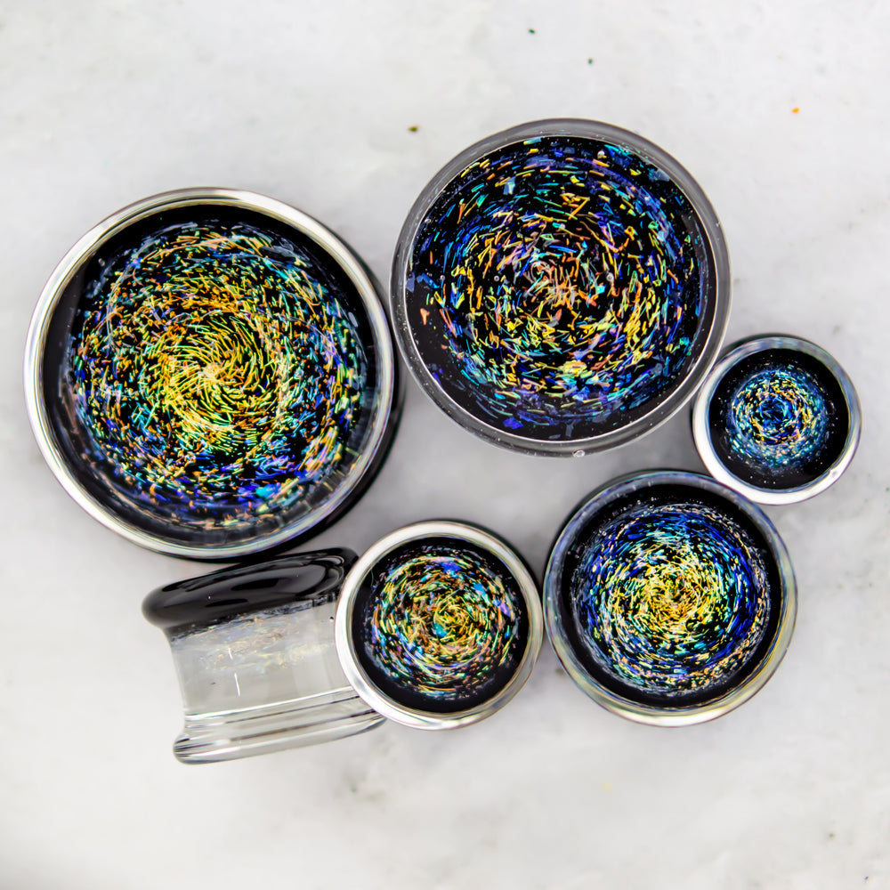 Double Flare Glass plug- Galaxy Dichro Blue and Orange - Pierced Addiction