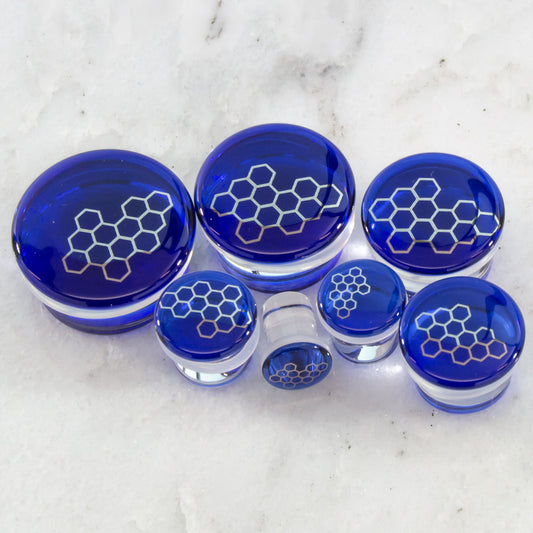 Single Flare Blue Glass Plug w/ Silver Honeycomb Decal – 00G–1" - Pierced Addiction