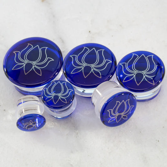 Single Flare Blue Plug with Silver Lotus Decal | Borosilicate Glass Jewelry - Pierced Addiction