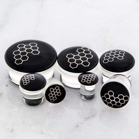 Single Flare Black Glass Plug w/ Silver Honeycomb Decal – 7/16"–1" - Pierced Addiction