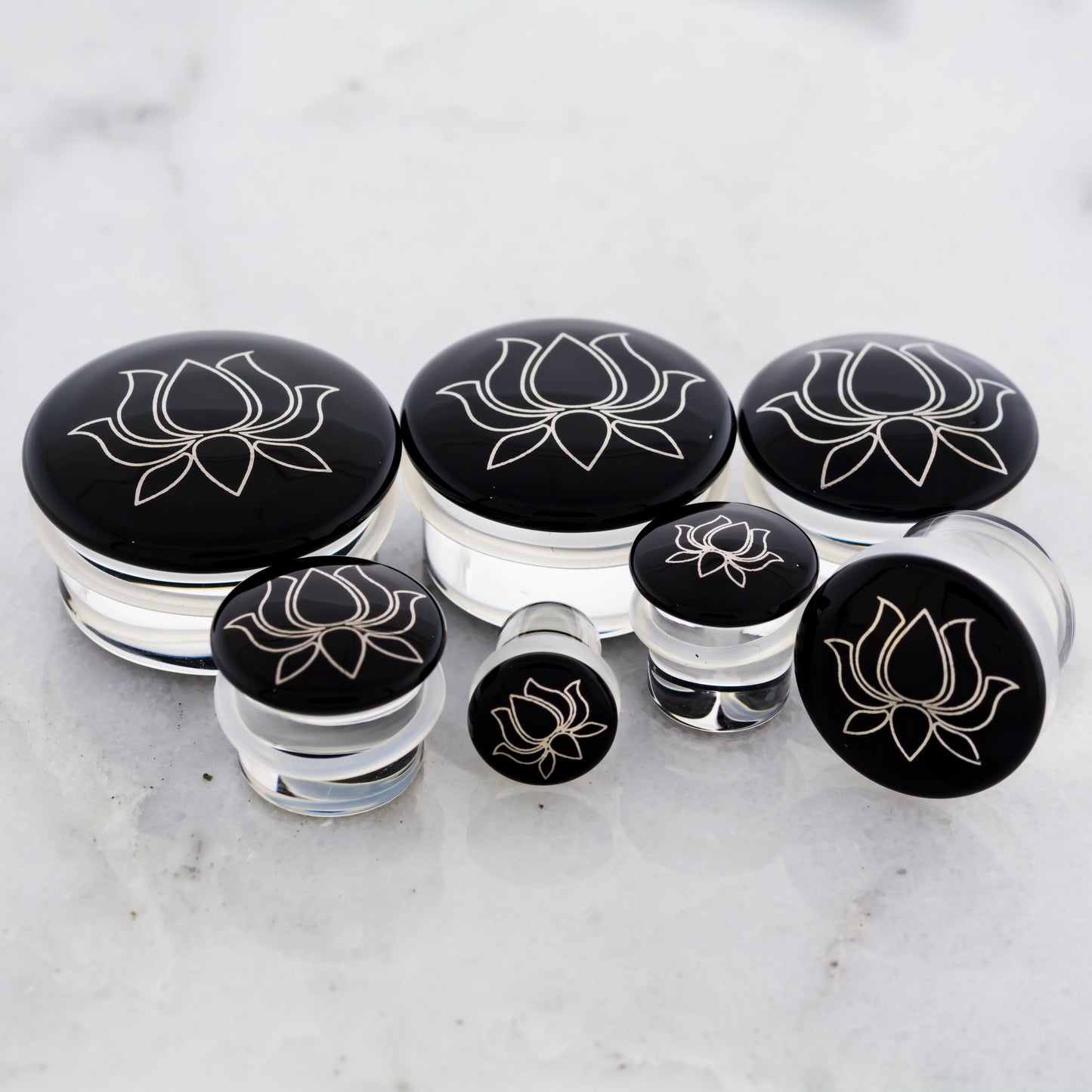Single Flare Black Plug with Silver Lotus Decal | Borosilicate Glass Jewelry - Pierced Addiction