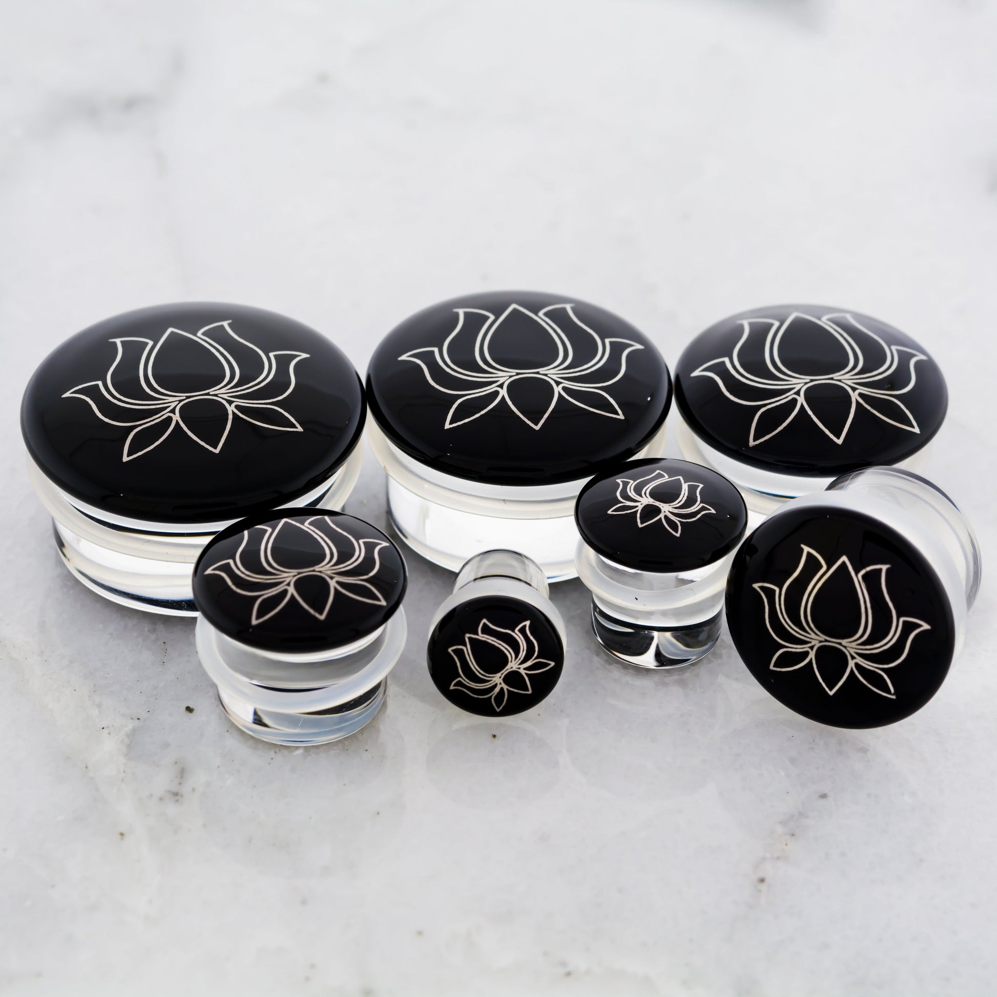 Single Flare Black Plug with Silver Lotus Decal | Borosilicate Glass Jewelry - Pierced Addiction