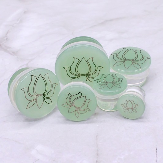 Single Flare Sea Green Plug with Silver Lotus Decal | Borosilicate Glass Jewelry - Pierced Addiction