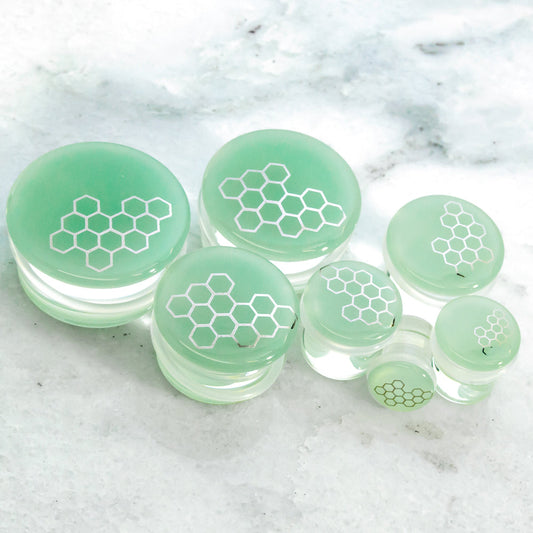 Single Flare Sea Green Glass Plug w/ Silver Honeycomb Decal – 00G–1" - Pierced Addiction