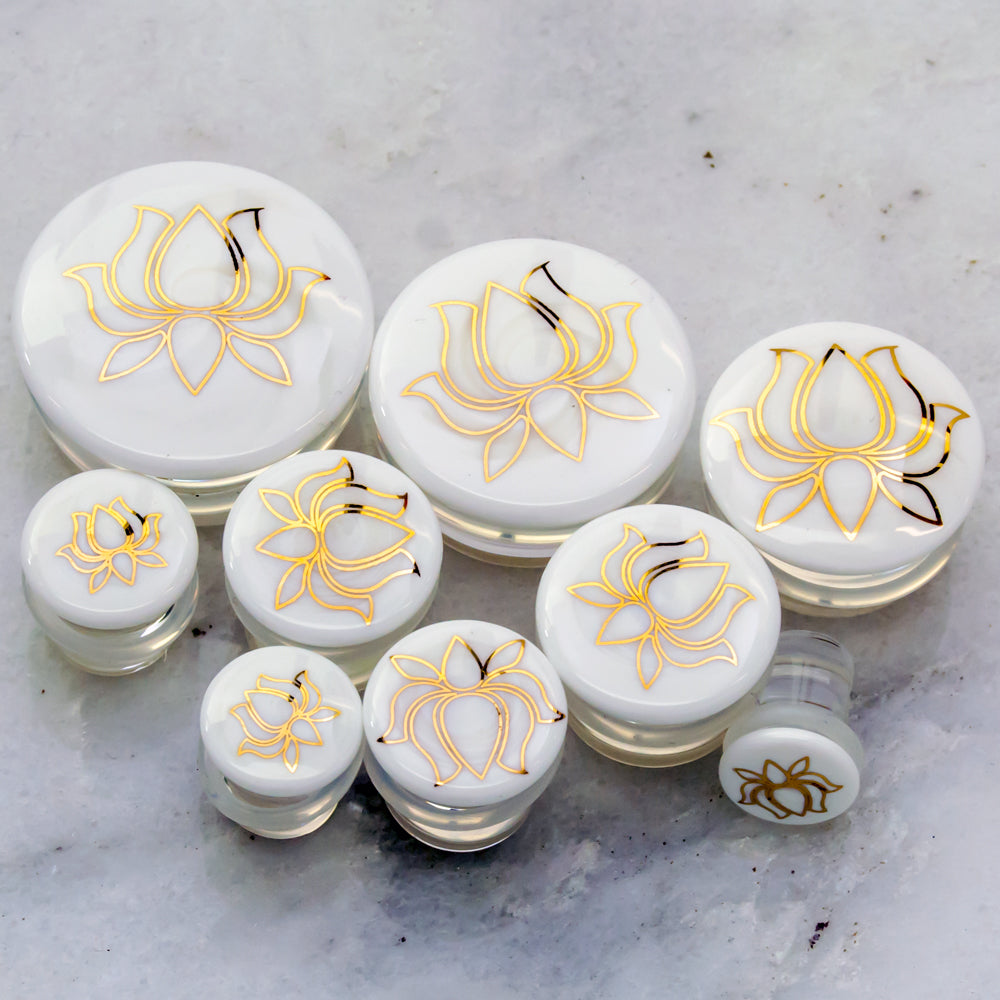 White Glass Plugs w/ Gold Lotus Design – Single Flare | 0G–1" - Pierced Addiction