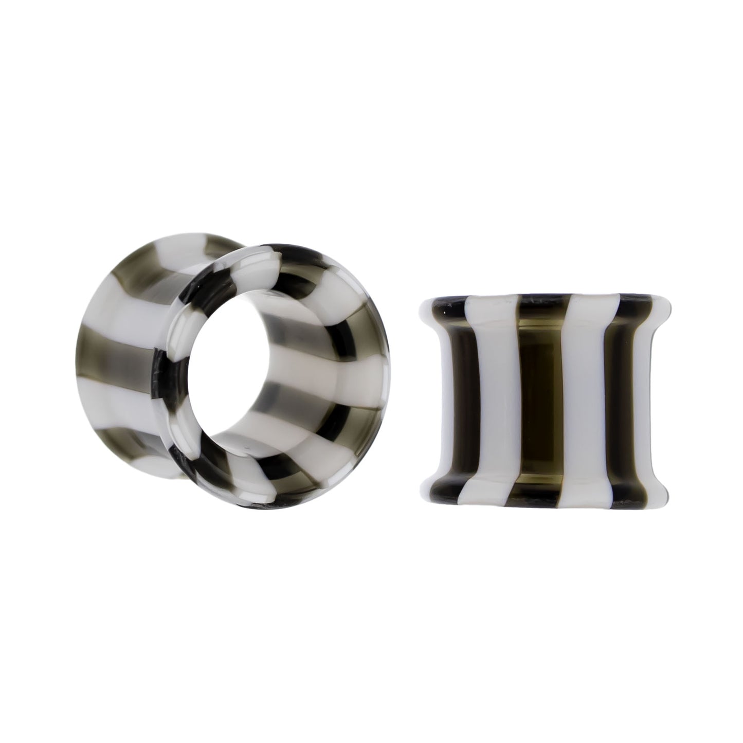 Pair Double Flare Glass Black/White Stripe Tunnel- Size 1/2" (13mm)