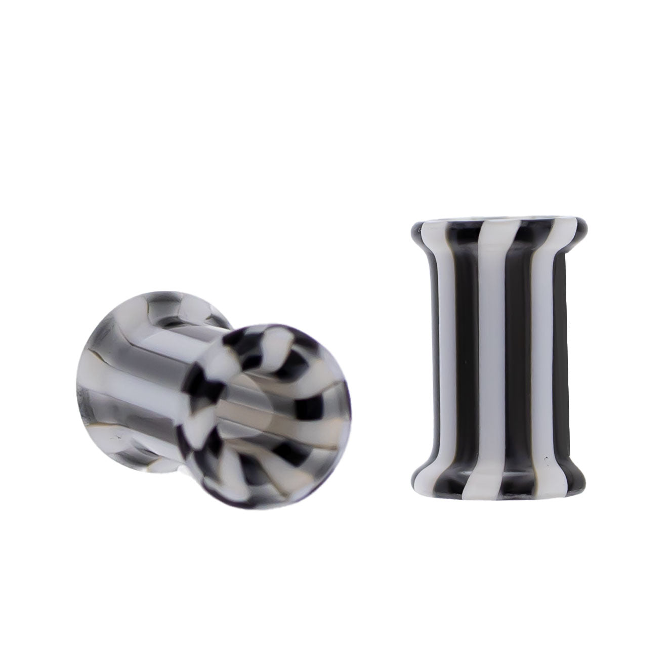 Pair Double Flare Glass Black/White Stripe Tunnel- Size 2