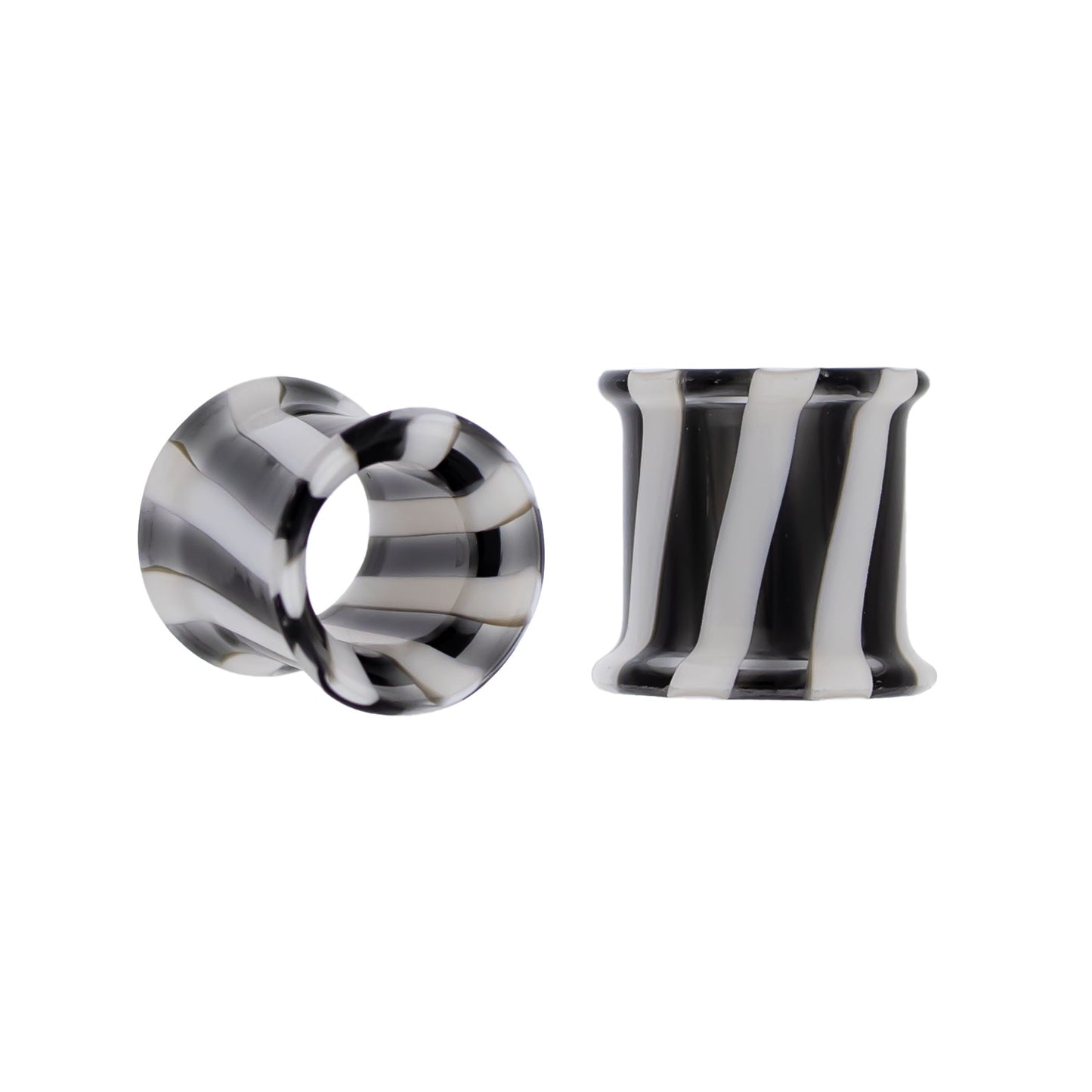 Pair Double Flare Glass Black/White Stripe Tunnel- Size 7/16" (11mm)