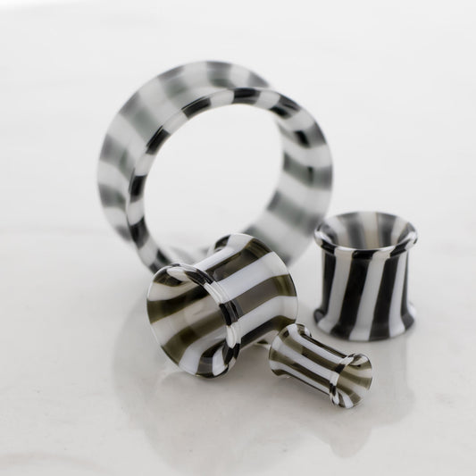 Pair Double Flare Glass Black/White Stripe Tunnel