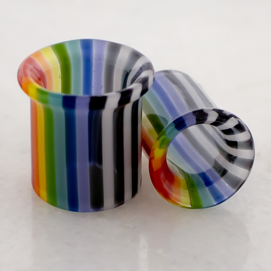 Pair Rainbow Zebra Borosilicate Glass Single Flare Tunnel