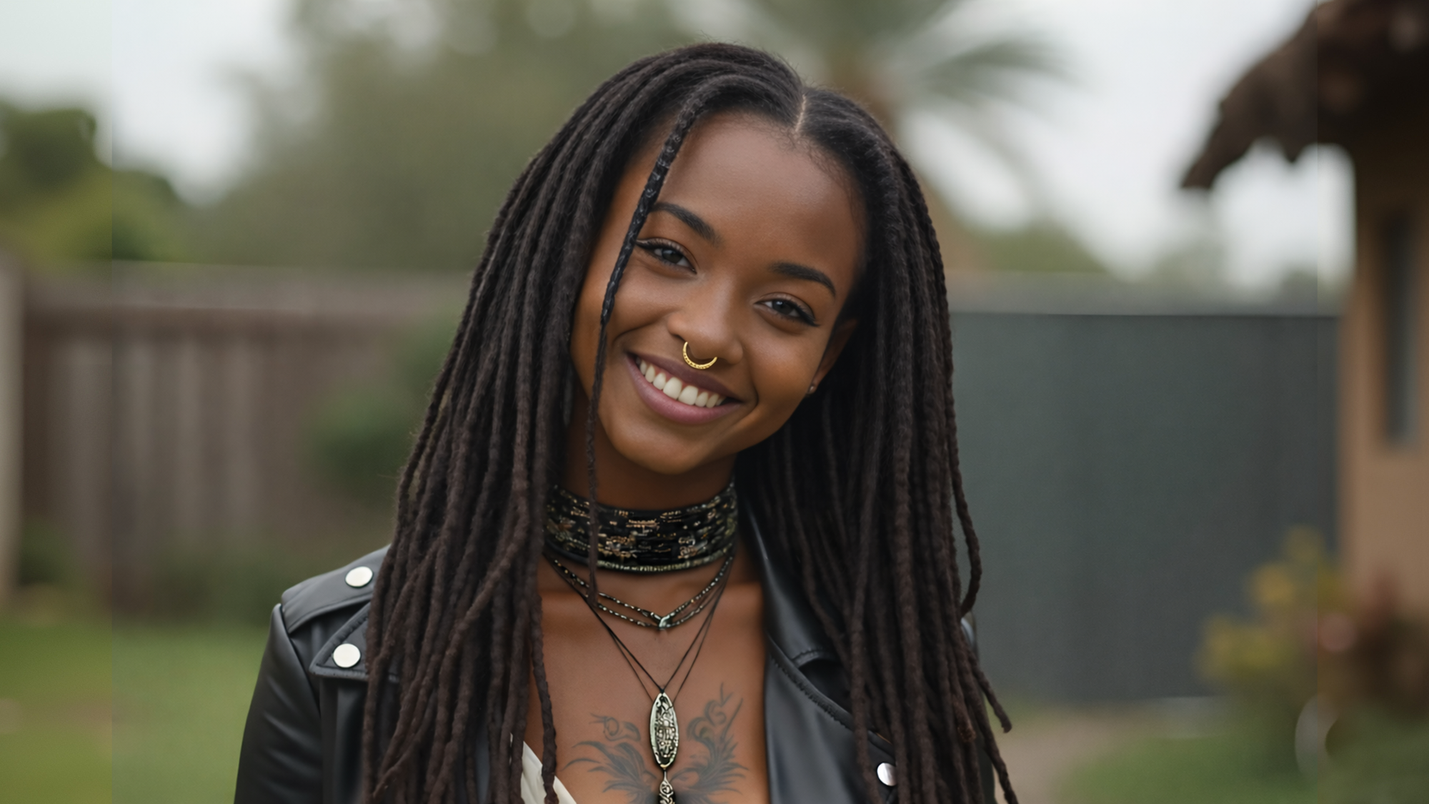 woman with pierced septum and black leather jacket outside