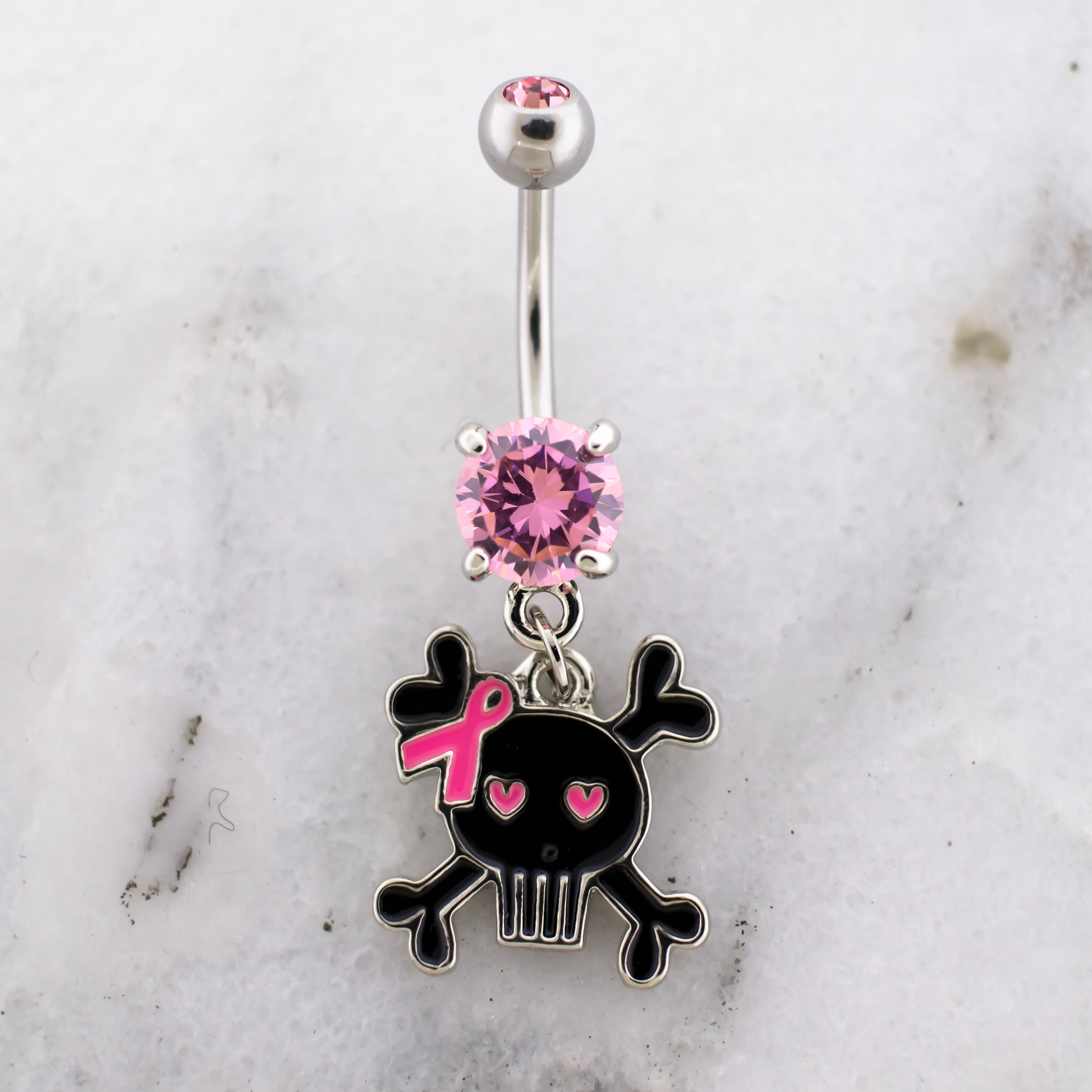 14G Breast Cancer Awareness Skull Ribbon Navel Ring