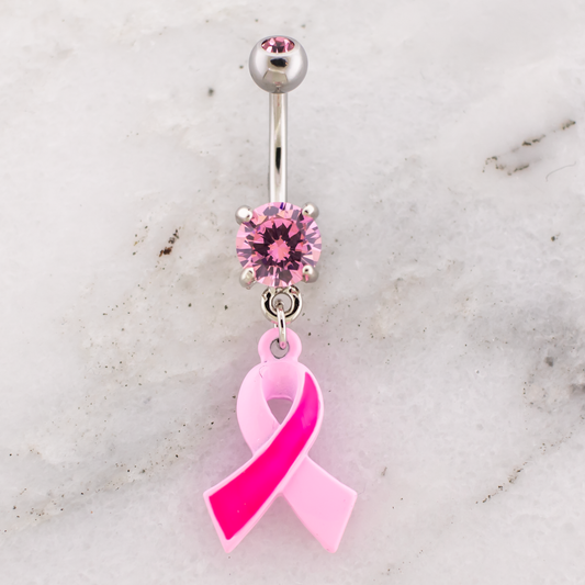 14G Breast Cancer Awareness Two Toned Ribbon Navel Ring