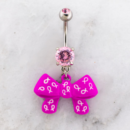 14G Breast Cancer Awareness Bow With Ribbons Navel Ring