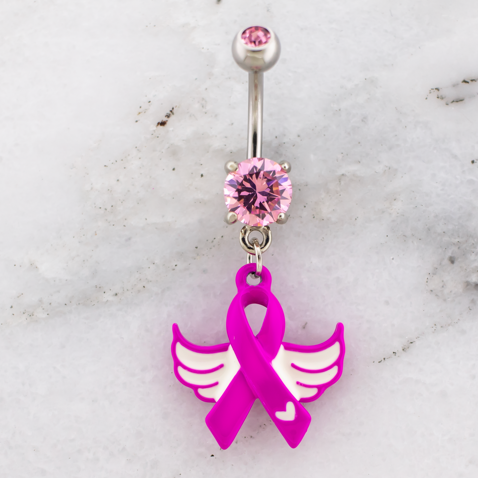 14G Breast Cancer Awareness Ribbon and Wings Navel Ring