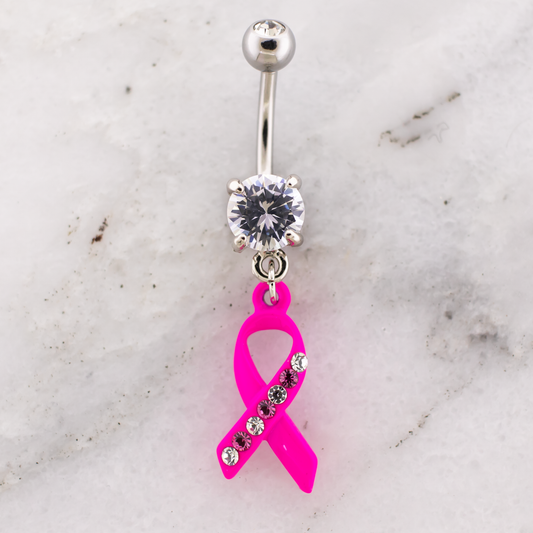 14G Breast Cancer Awareness Pave Ribbon Navel Ring