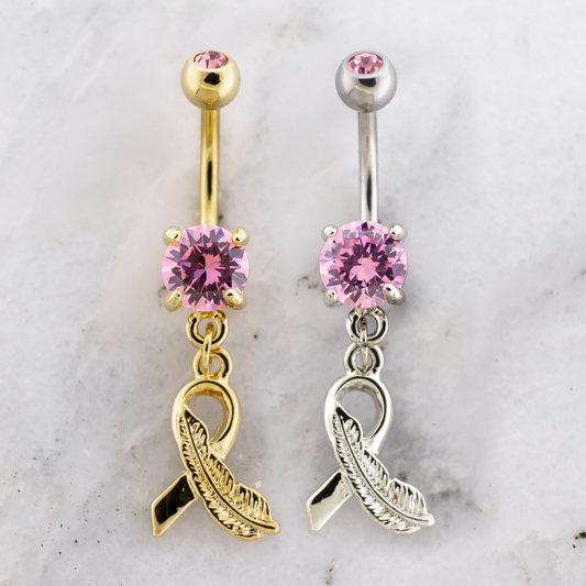 14G Breast Cancer Awareness Feather Ribbon Navel Ring