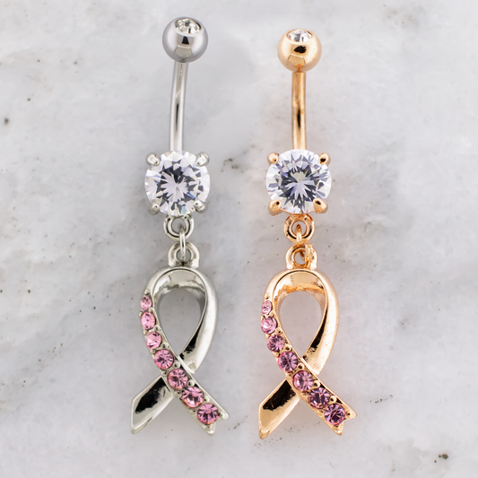 14G Breast Cancer Awareness Ribbon Gem Navel Ring