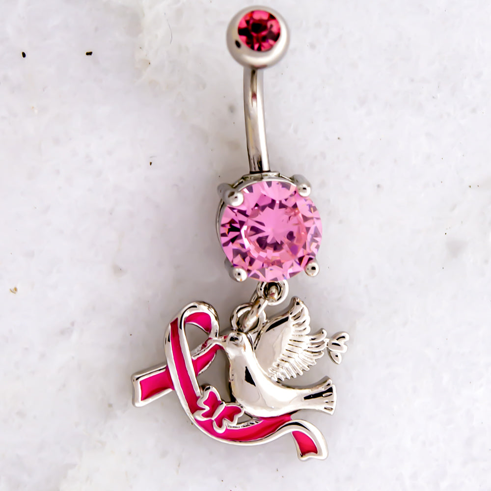 14G Breast Cancer Awareness Dove Ribbon Navel Ring - Pierced Addiction