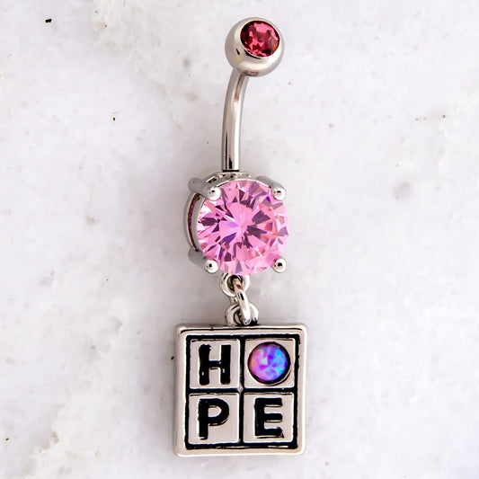 14G Breast Cancer Awareness Hope Charm Navel Ring - Pierced Addiction