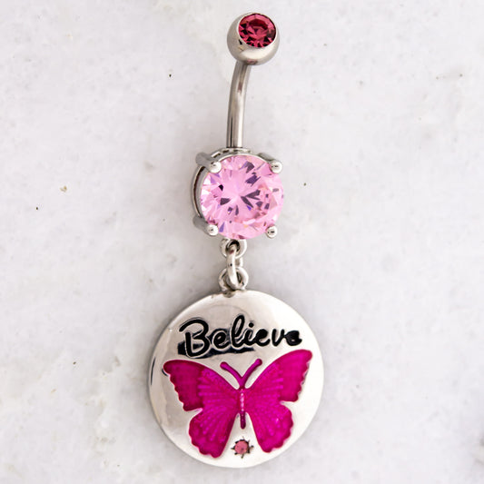 14G Breast Cancer Awareness Butterfly Believe Navel Ring - Pierced Addiction