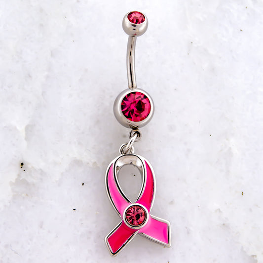 14G Breast Cancer Awareness Pink Ribbon Gem Charm Navel Ring - Pierced Addiction