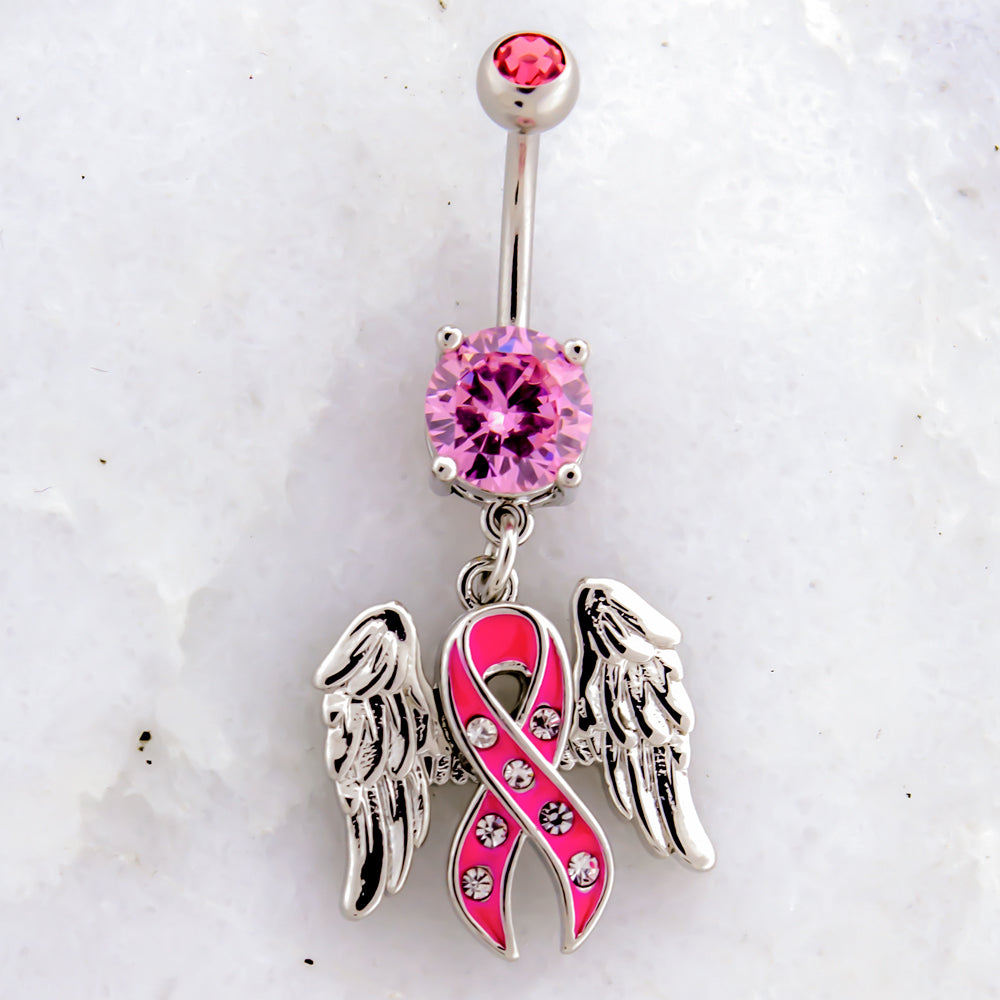 14G Breast Cancer Awareness Gem Ribbon Wings Navel Ring - Pierced Addiction