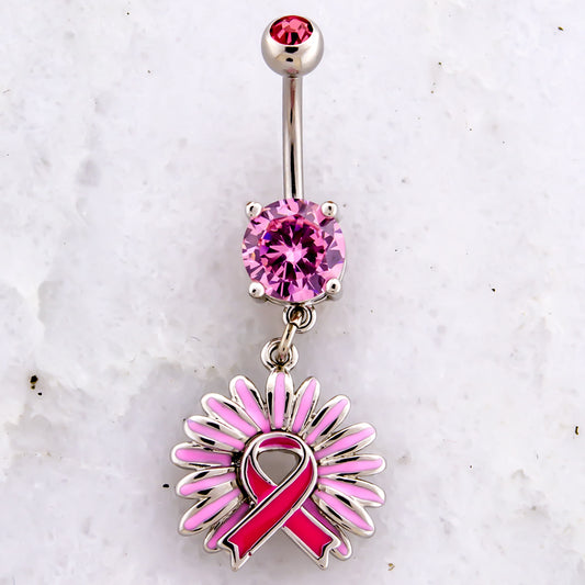 14G Breast Cancer Awareness Sunflower Ribbon Navel Ring - Pierced Addiction