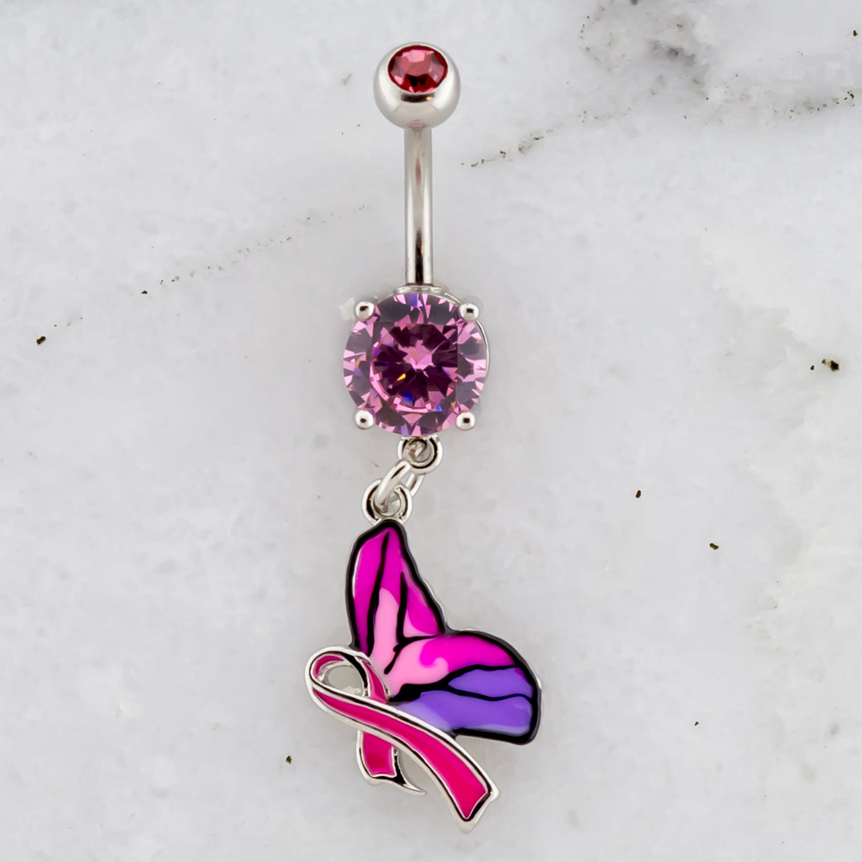 14G Breast Cancer Awareness Butterfly with Ribbon Navel Ring - Pierced Addiction