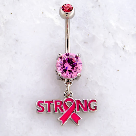 14G Breast Cancer Awareness Strong Ribbon Navel Ring - Pierced Addiction