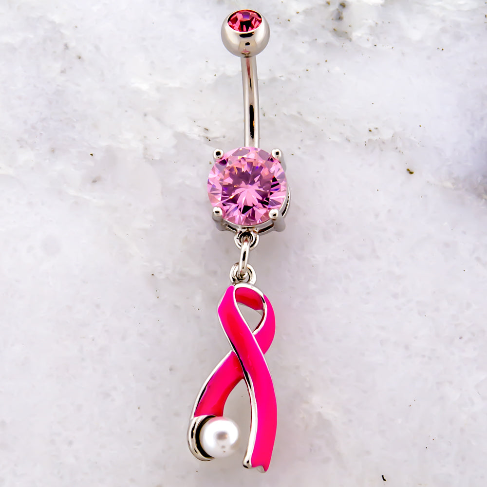 14G Breast Cancer Awareness Ribbon with Pearl Navel Ring - Pierced Addiction