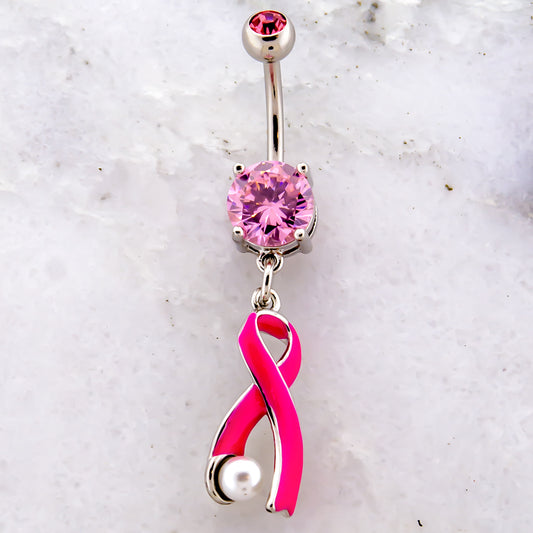 14G Breast Cancer Awareness Ribbon with Pearl Navel Ring - Pierced Addiction