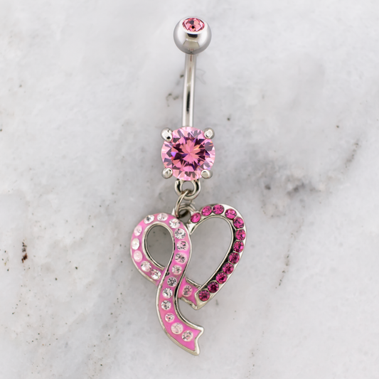 14G Breast Cancer Awareness Pave Heart Ribbon Navel Ring