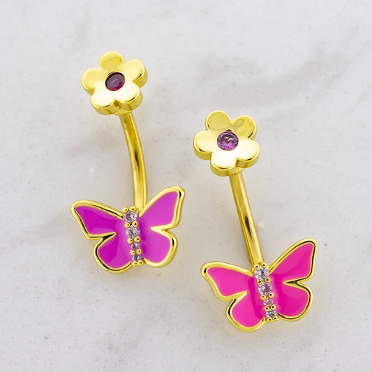 14G Butterfly with Flower Top Navel Ring - Pierced Addiction
