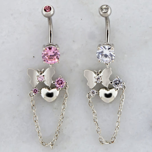 14G Butterfly, Heart and Chain Navel Ring - Pierced Addiction